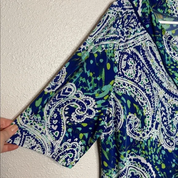 Chico's Blue & Green Paisley V-Neck Short Sleeve Midi Dress Size 2 - Picture 3 of 6
